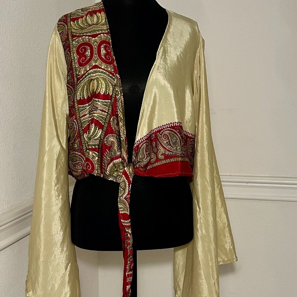 NWOT Golden Paisley Vintage Silk Sari Artisan Tie- Front Kimono Top